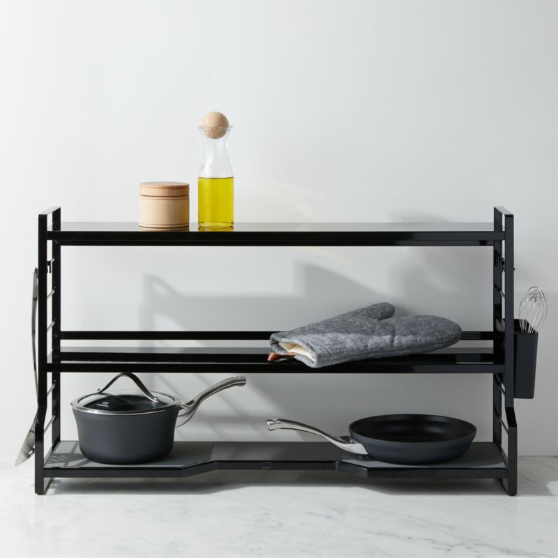 Modern Black Steel Countertop Kitchen Shelf with Gray Trivet Pads