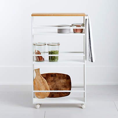 Slimline Tower White Steel Three-Tier Rolling Storage Cart with Wooden Accent