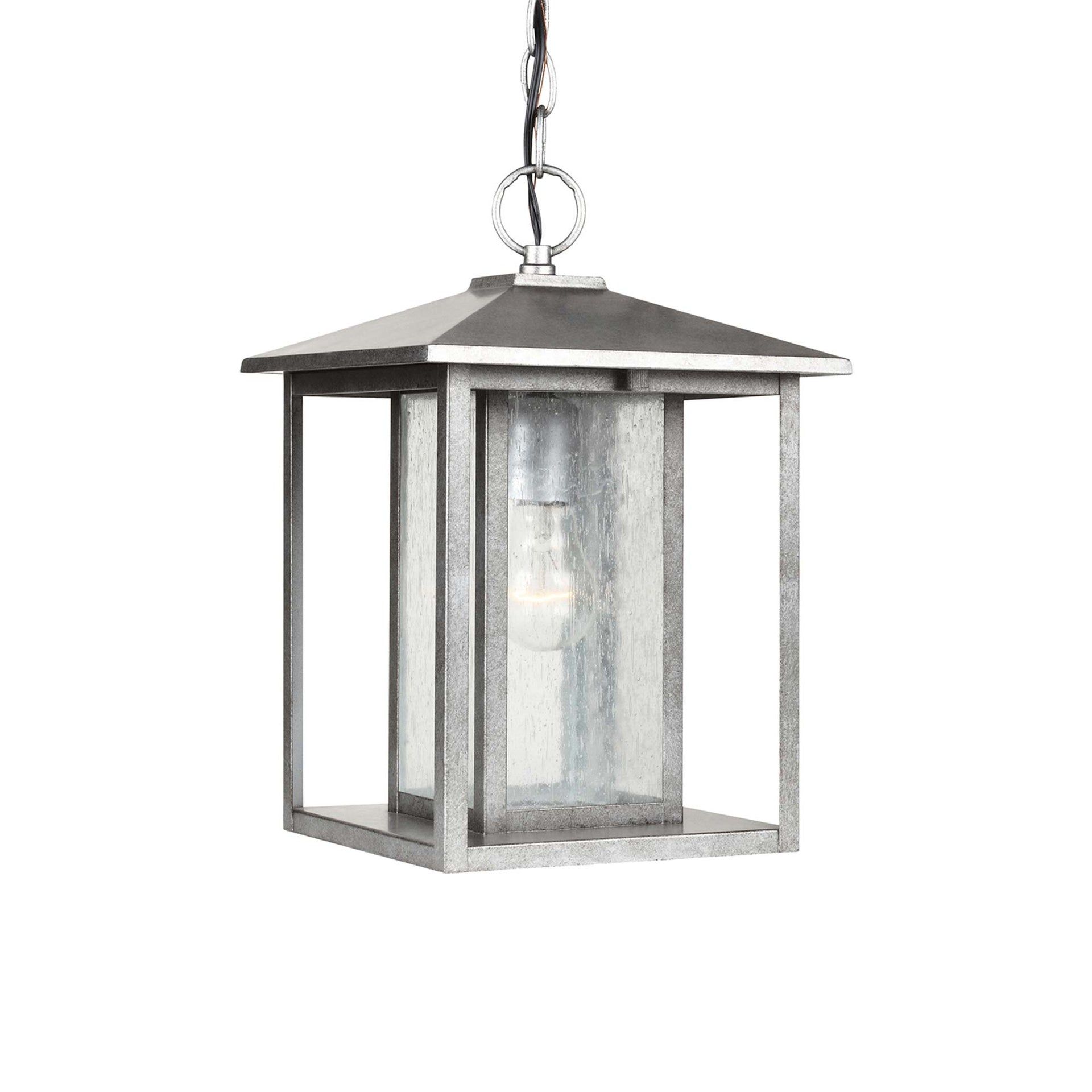 Hunnington 1-Light Outdoor Pendant in Weathered Pewter with Clear Seeded Glass