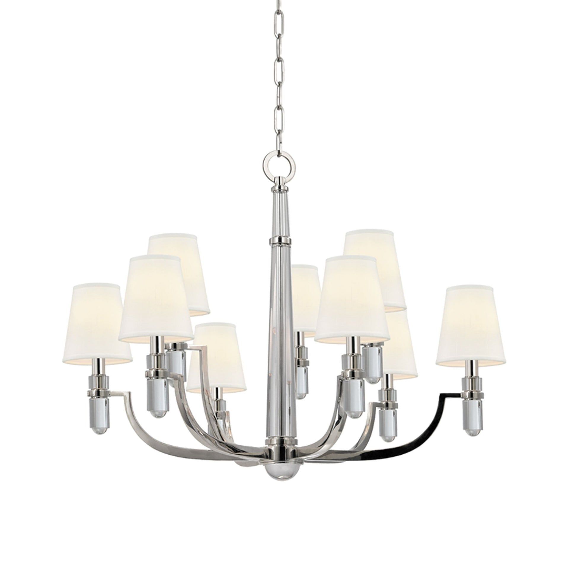 Polished Nickel and Crystal 9-Light Chandelier with Faux Silk Shades