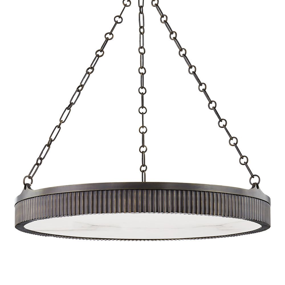 Distressed Bronze 8-Light LED Drum Pendant with Alabaster Shade