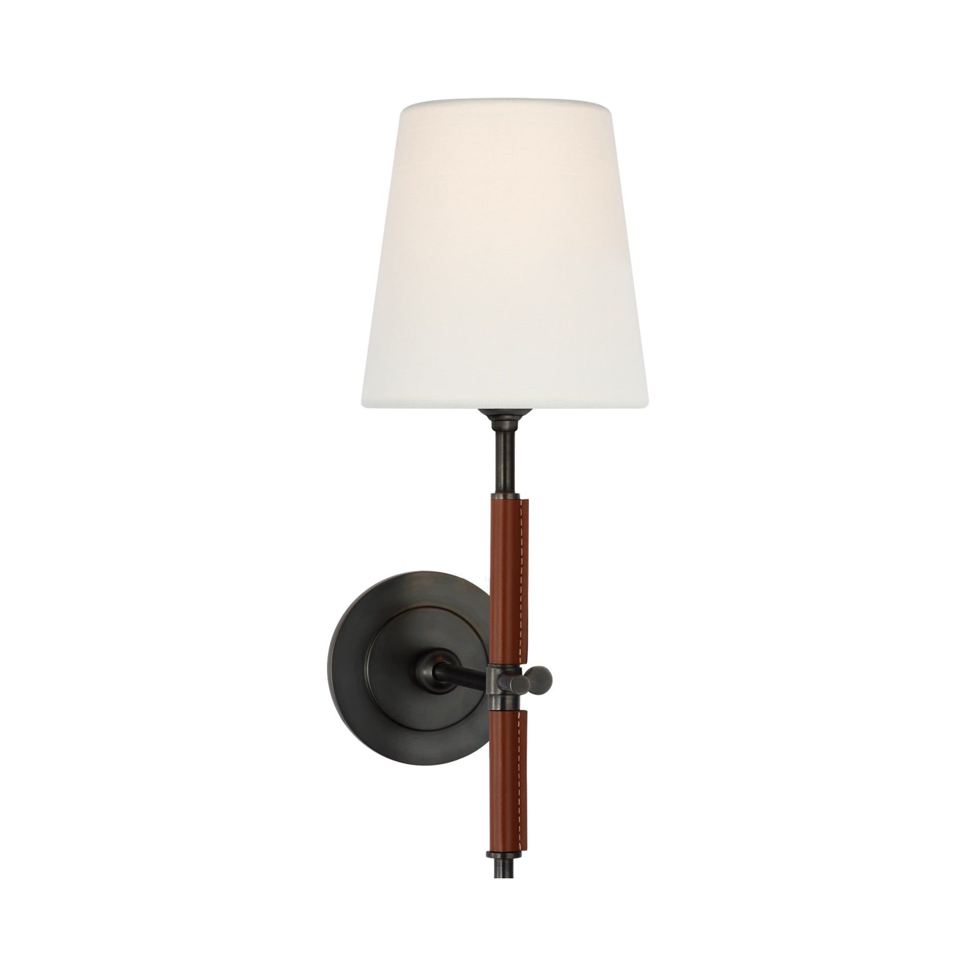 Bronze and Saddle Leather Wall Sconce with Linen Shade