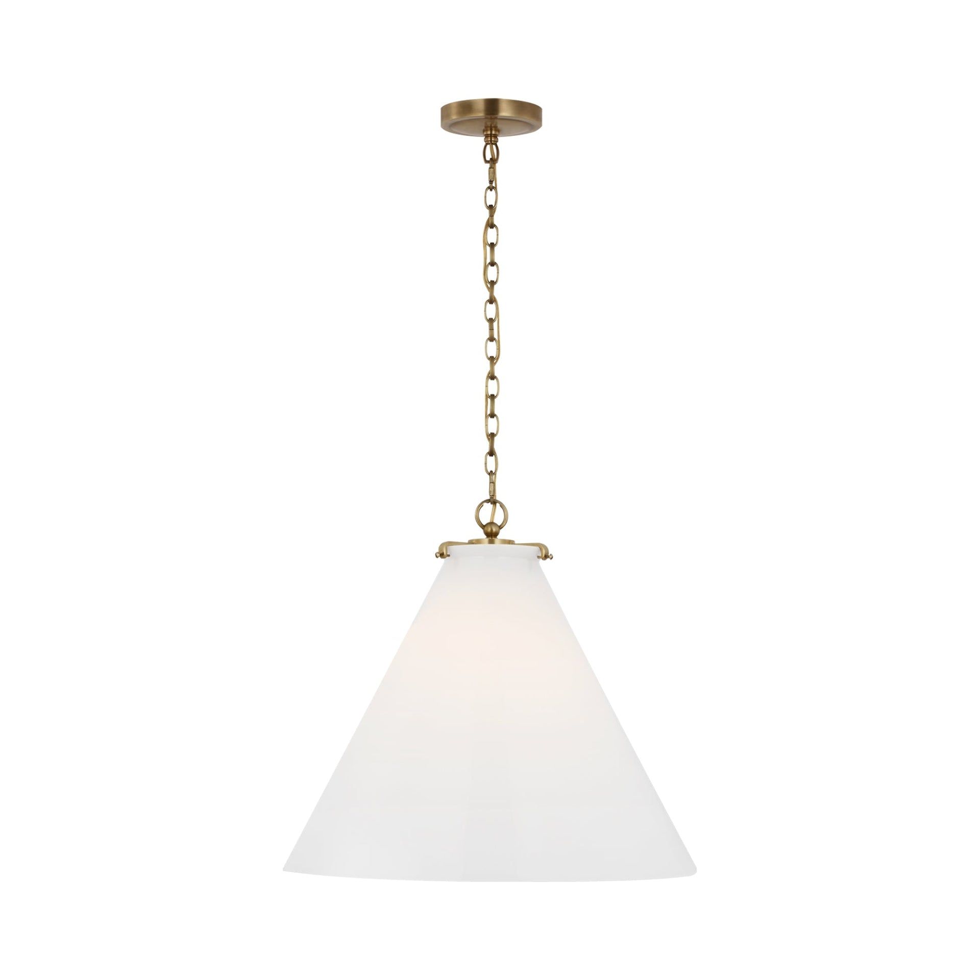 Hand-Rubbed Antique Brass Conical LED Pendant with White Glass Shade