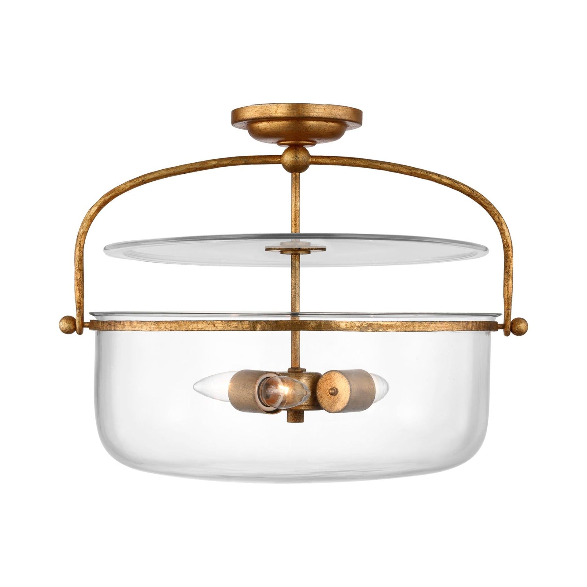 Gilded Iron and Clear Glass Drum Semi-Flush Mount Light