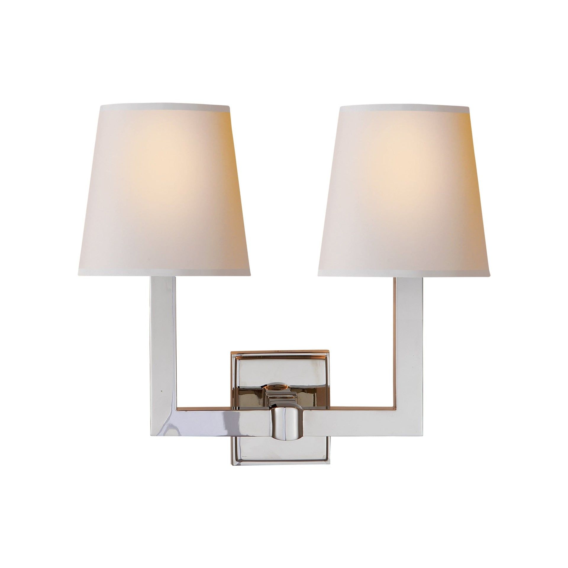 Modern Square Tube Double Sconce in Polished Nickel with Paper Shades