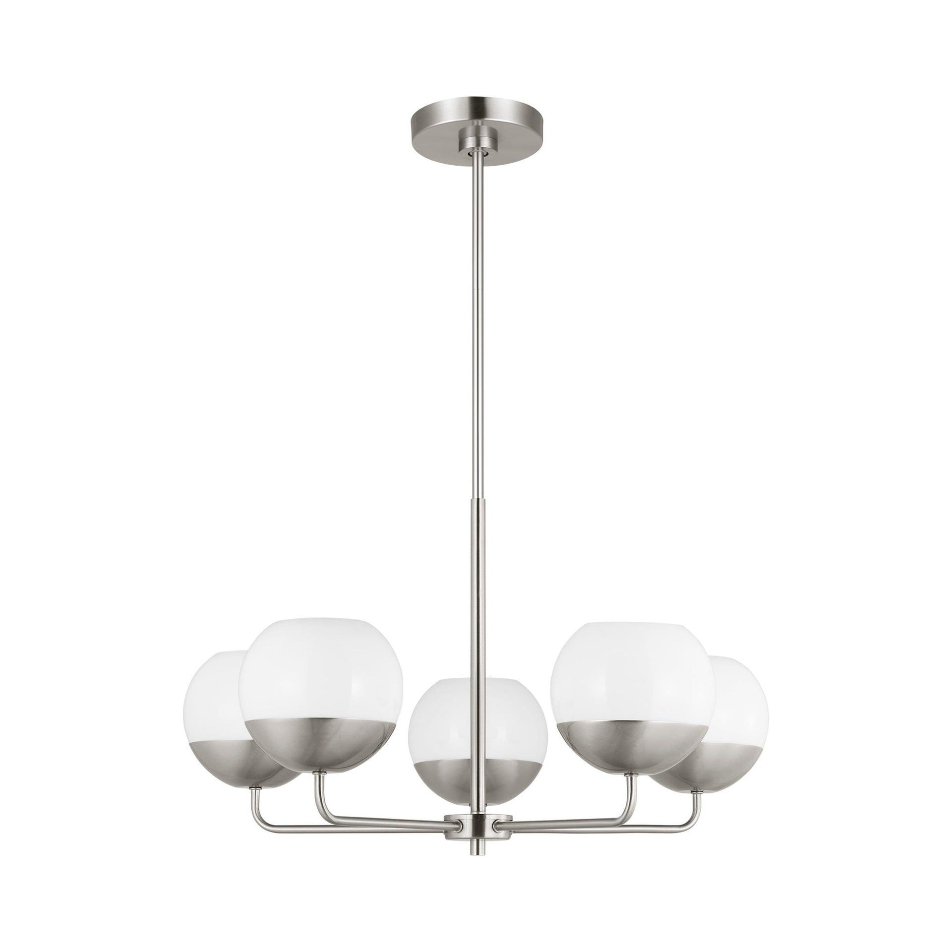 Alvin Midcentury 5-Light LED Chandelier in Brushed Nickel with Milk Glass Shades