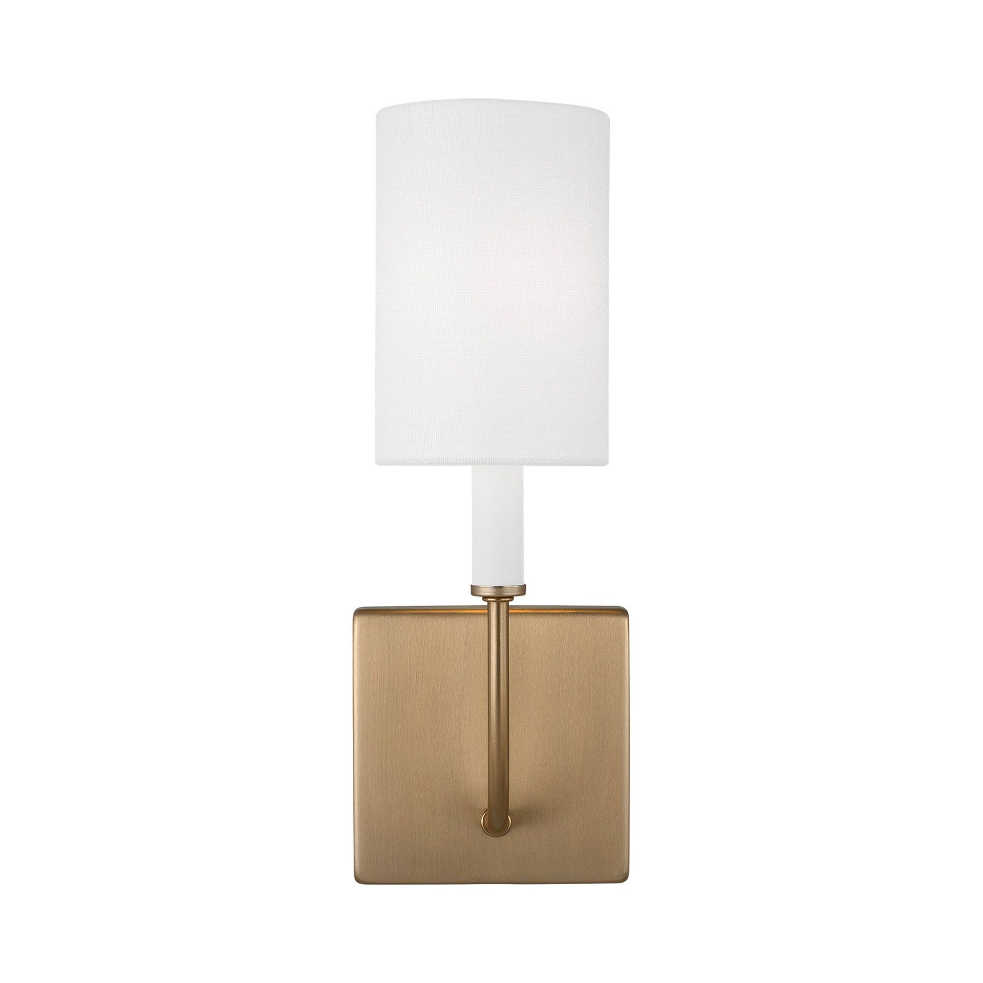 Satin Brass Dimmable Cylinder Wall Sconce with White Linen Shade