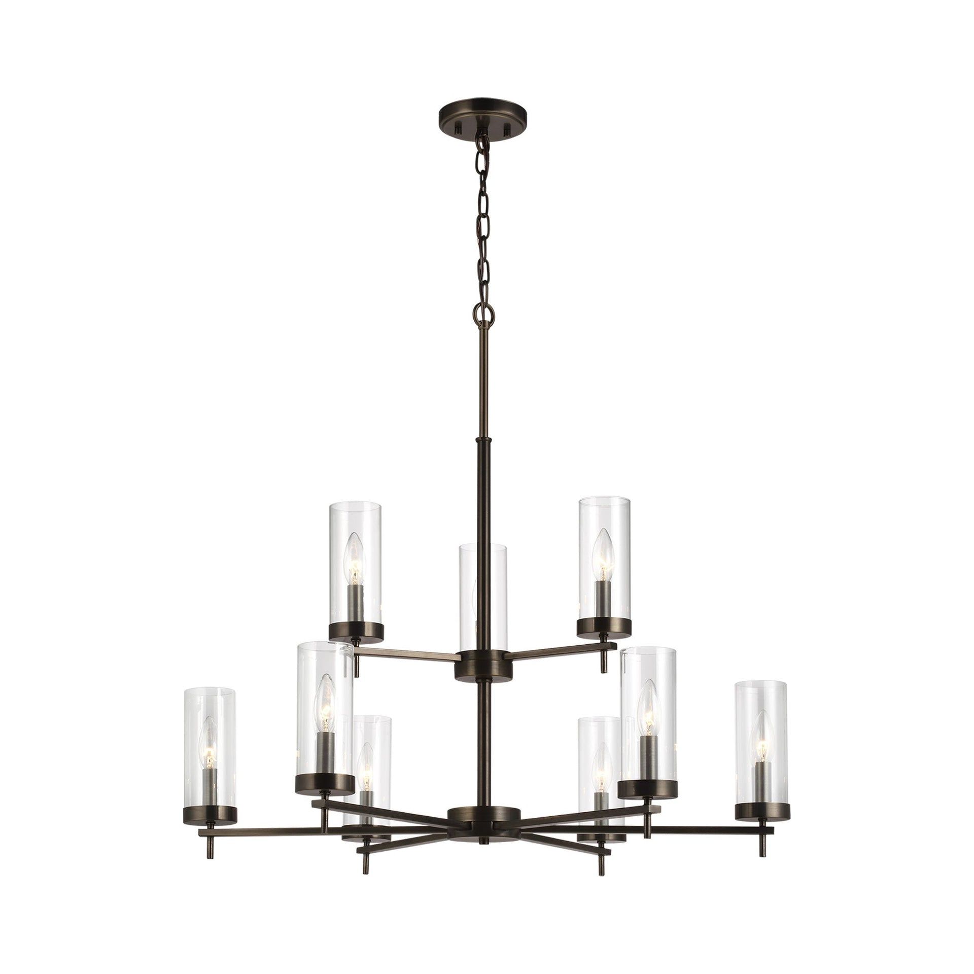 Elegant Minimalist 9-Light Brushed Bronze Chandelier with Clear Glass Shades