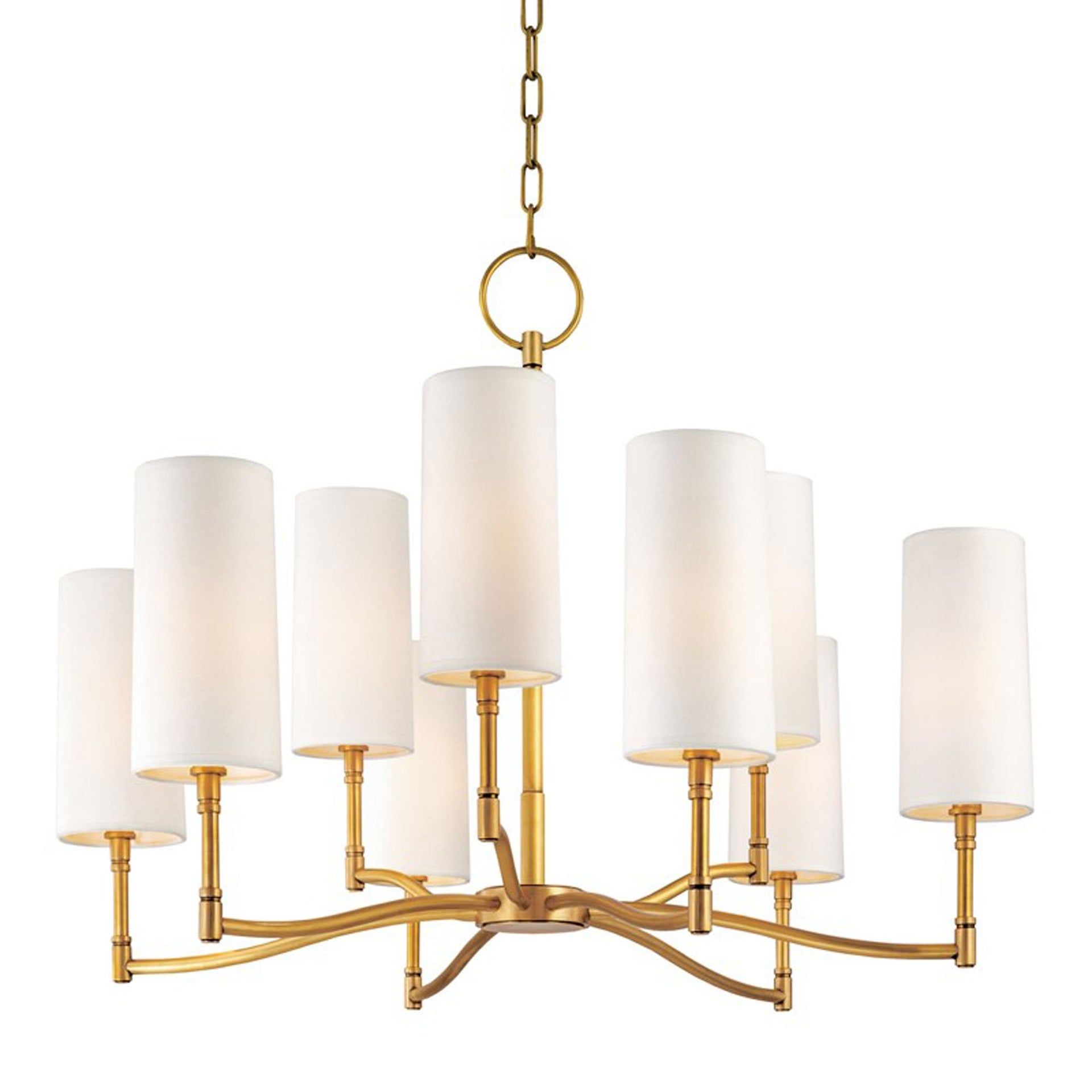 Elegant Aged Brass 9-Light Chandelier with Off-White Linen Shades