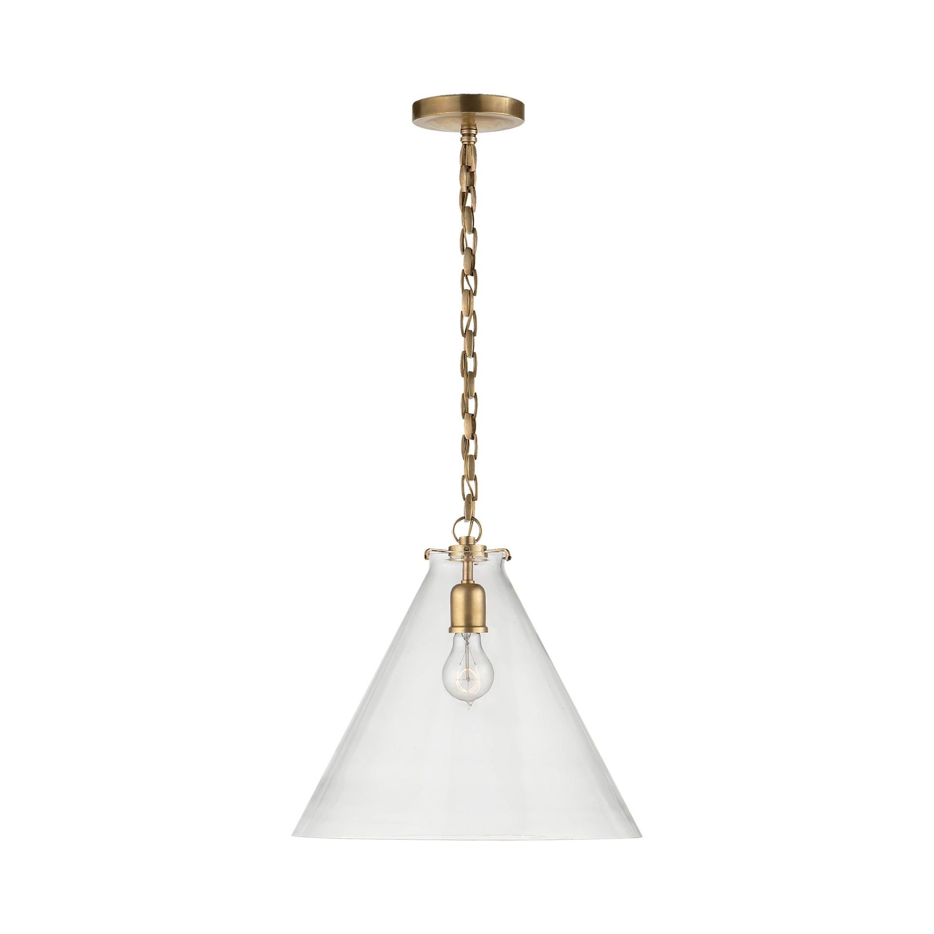 Antique Brass and Clear Glass Conical Pendant Light