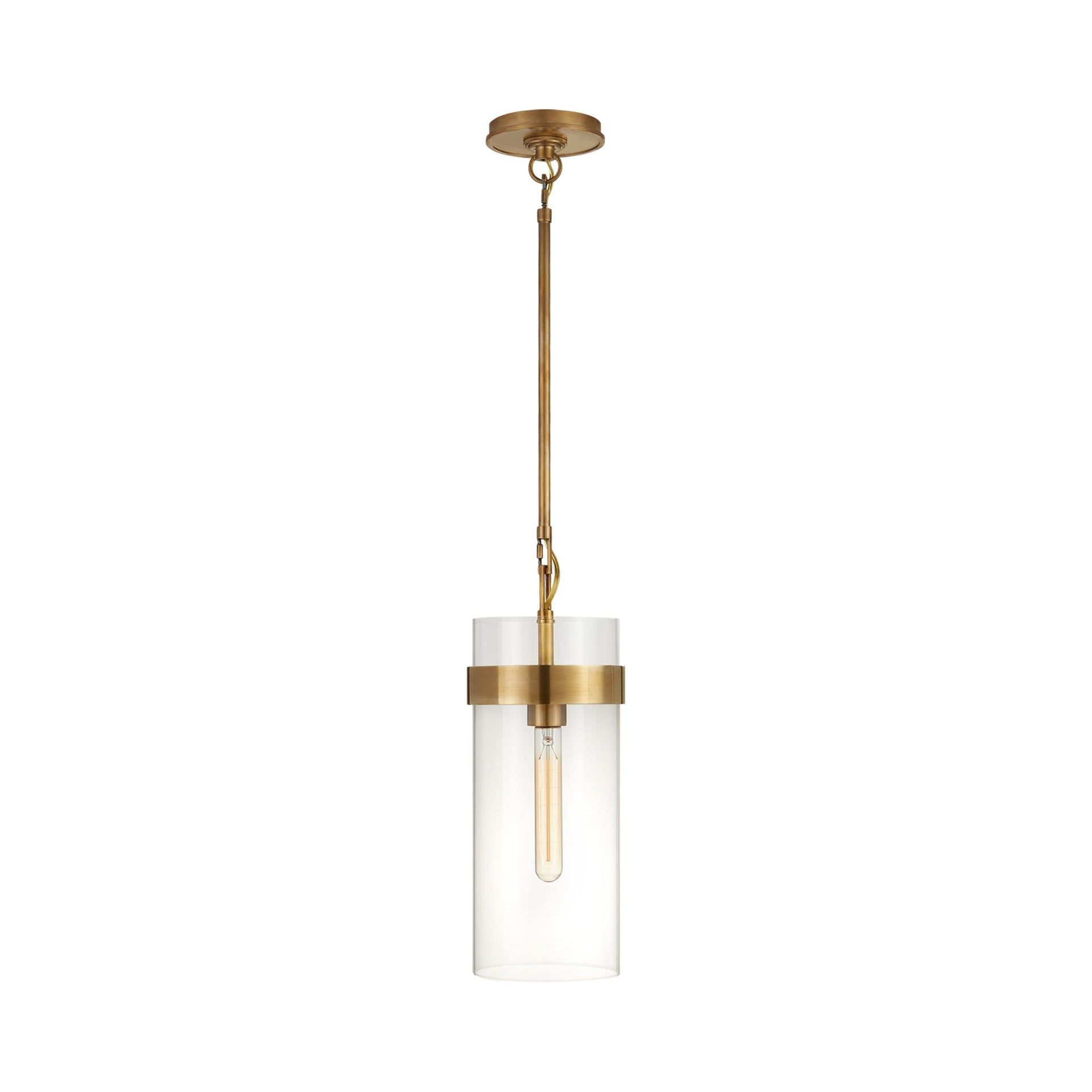 Presidio Sleek Industrial 15.75" Pendant Light in Hand-Rubbed Antique Brass with Clear Glass