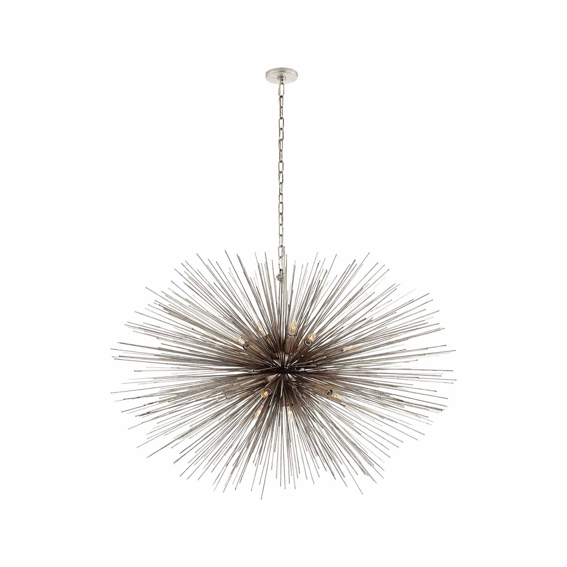 Large Burnished Silver Leaf Metal Spiked Chandelier