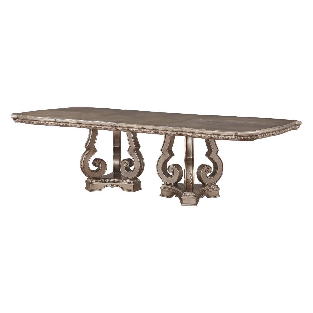 Champagne Silver Extendable Wood Dining Table with Double Pedestal Base