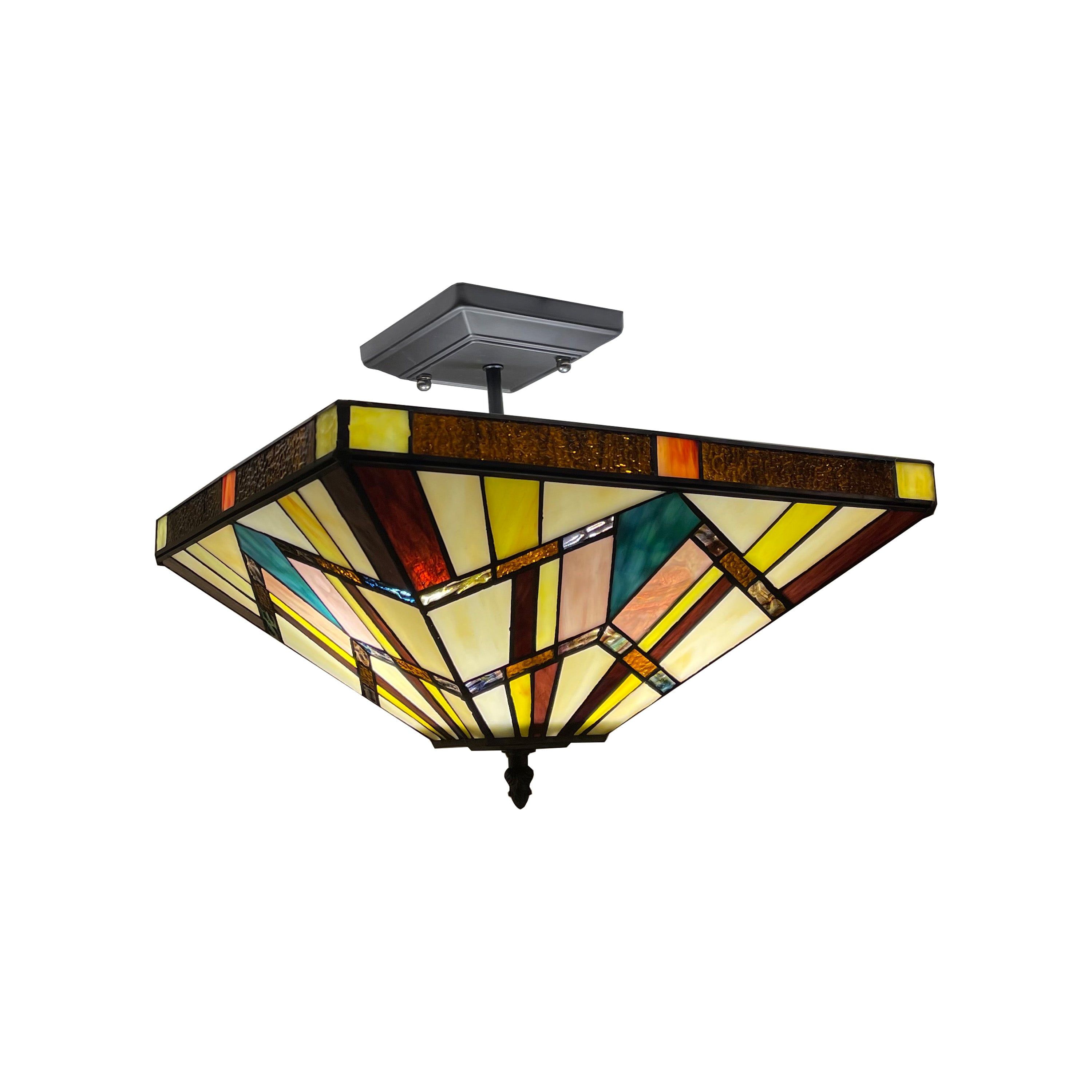 Mission Tiffany-Style Semi-Flush 15" Bronze Glass Ceiling Fixture