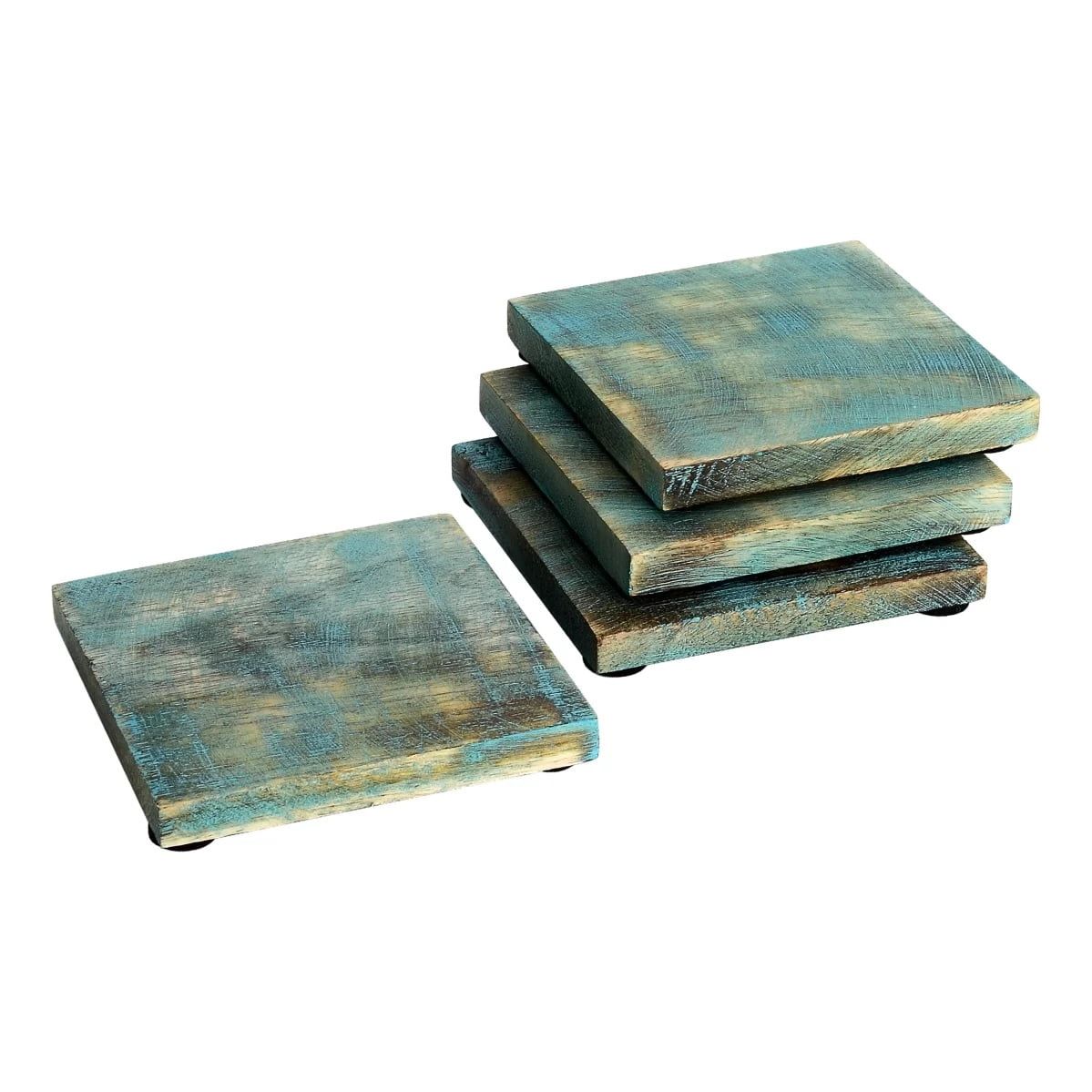 Blue Sprayed Wooden Square Coaster Set of 4