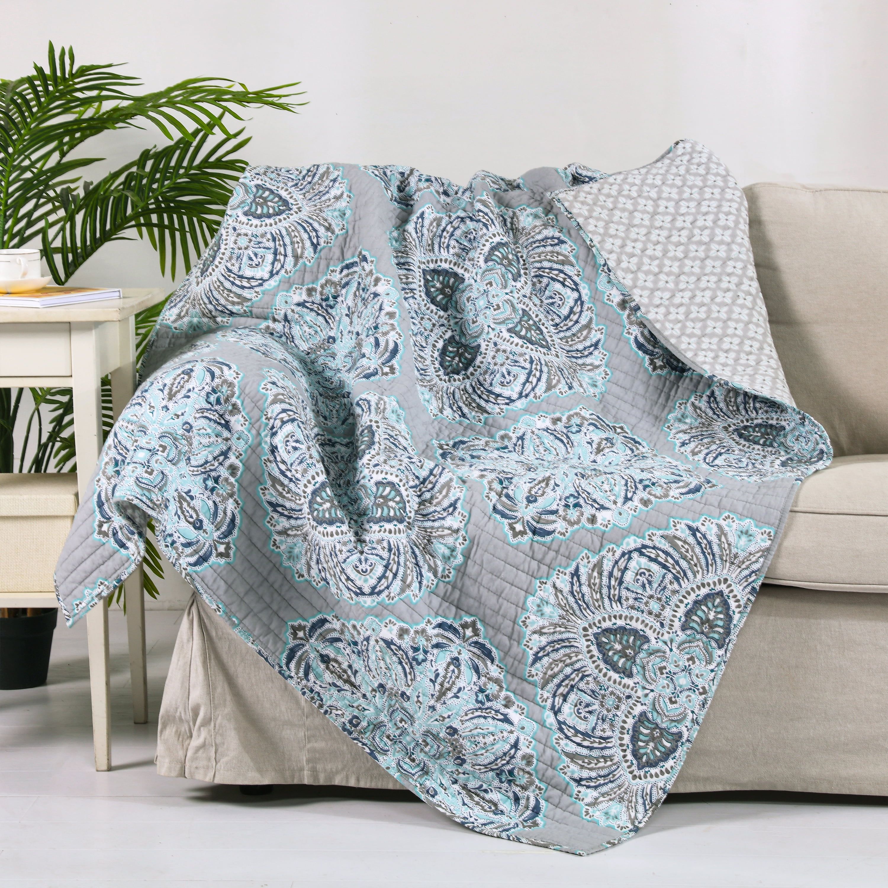 Tania Reversible Cotton Quilted Throw in Grey and Teal