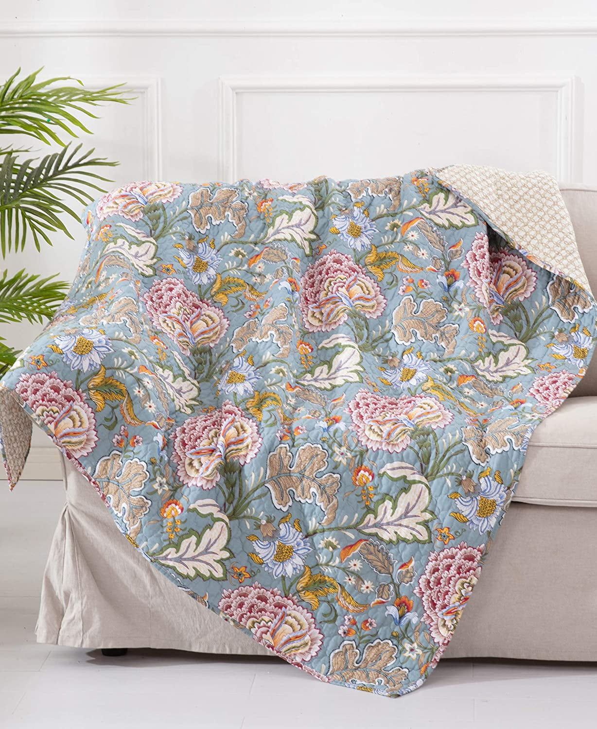 Angelica Floral Cotton Reversible Quilted Throw 50x60in