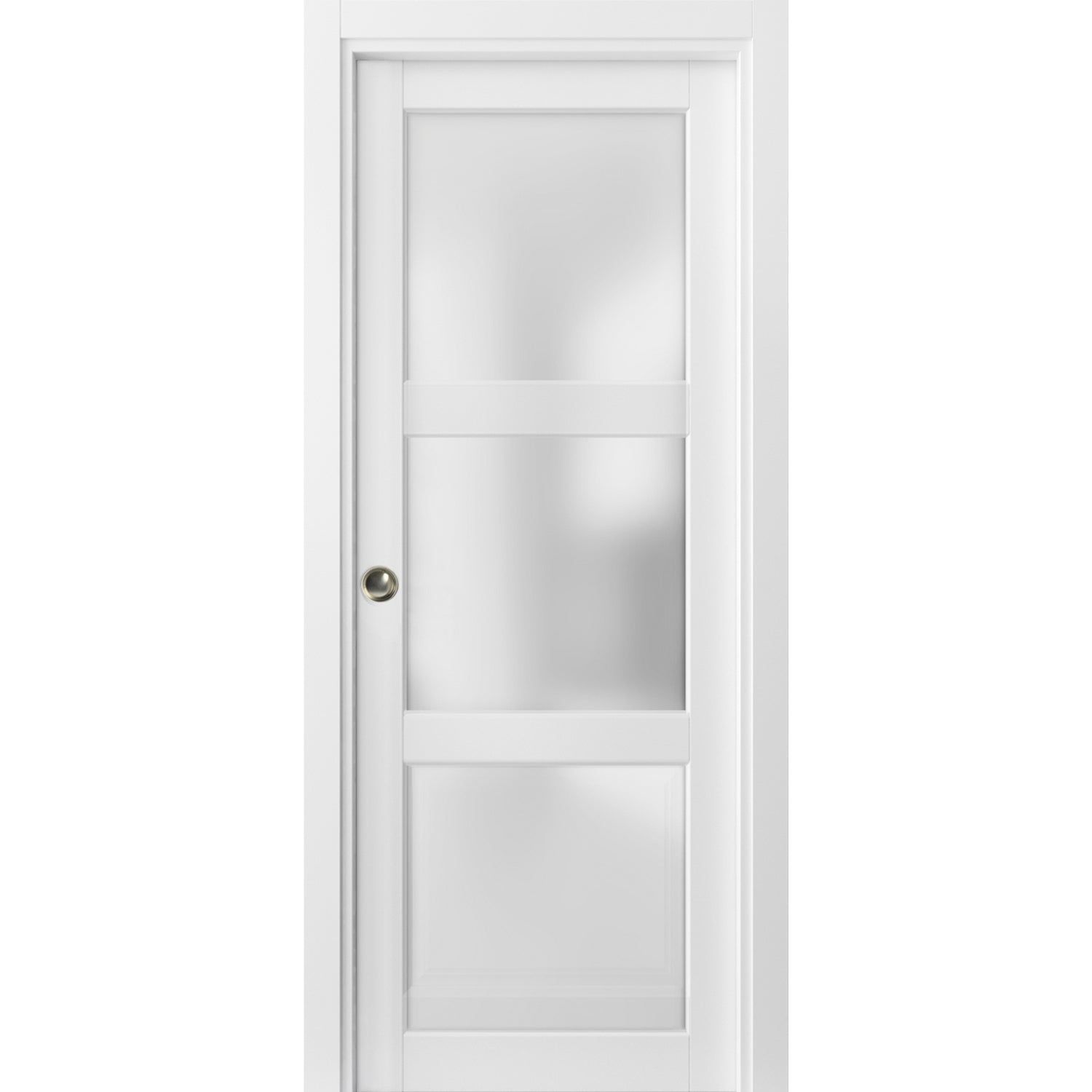 White Frosted Glass Solid Wood Pocket Door with Hardware Kit