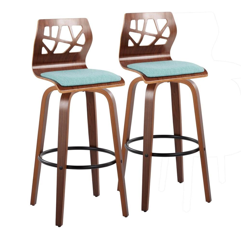 Teal Fabric Walnut Wood Black Metal Swivel Barstool Set