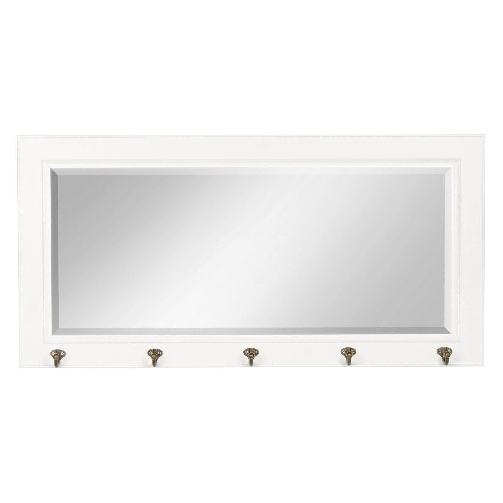 Classic Beveled Pub Mirror with White Frame and Metal Hooks 36"x18"