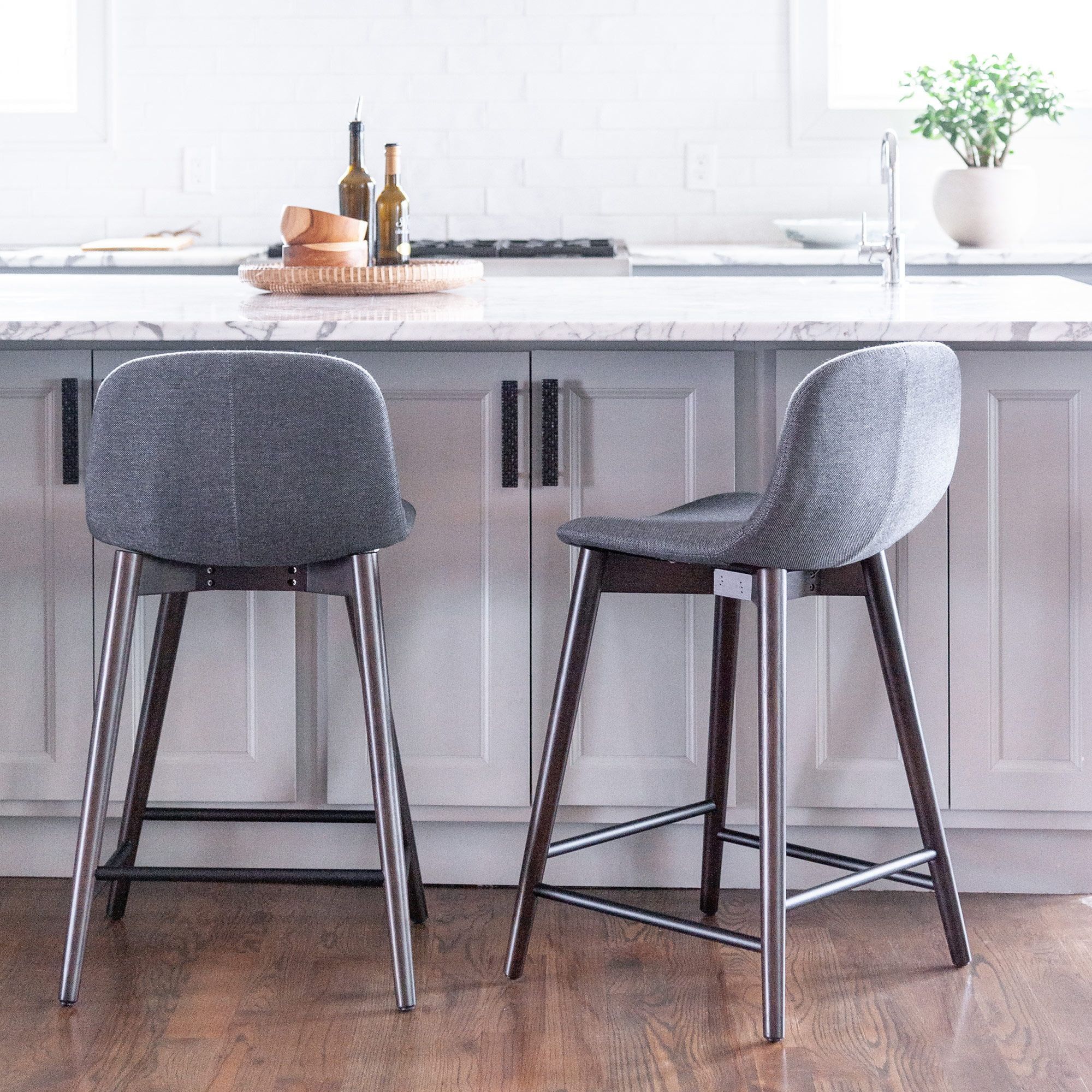 Gray Upholstered Solid Wood Counter Stool with Footrest