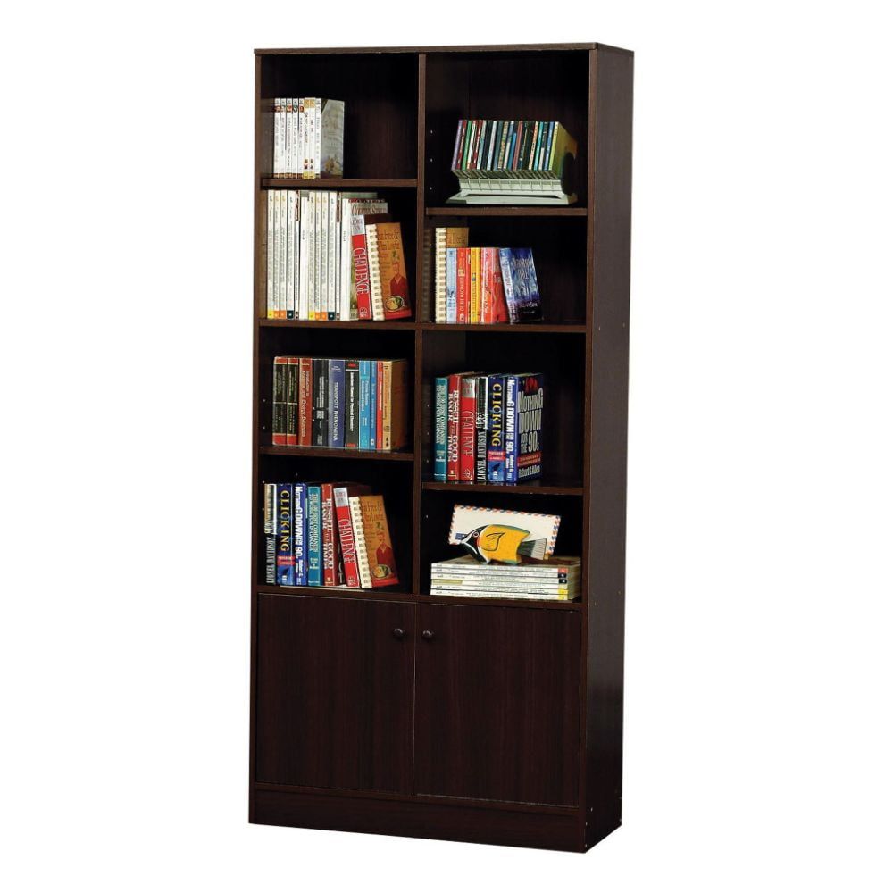 Espresso Wood Adjustable Bookshelf with Doors - 71" x 33"