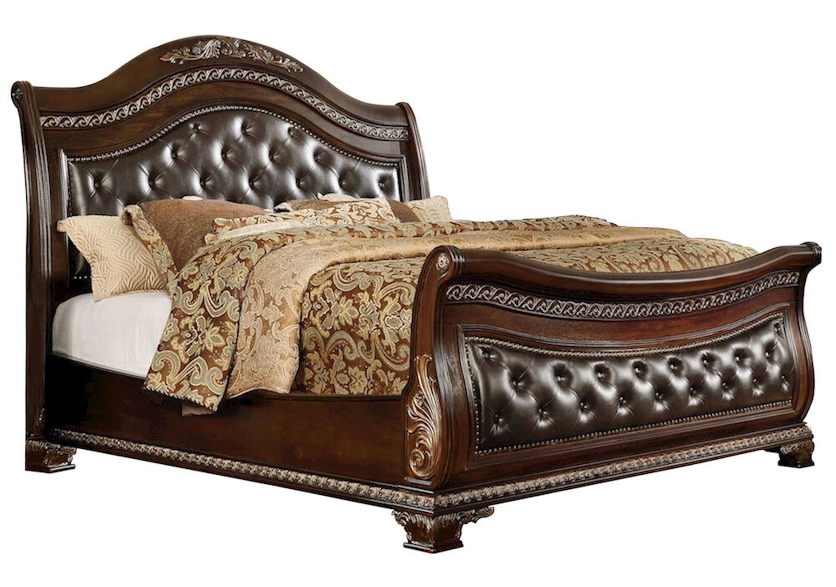 California King Brown Wood Sleigh Bed with Headboard and Drawer