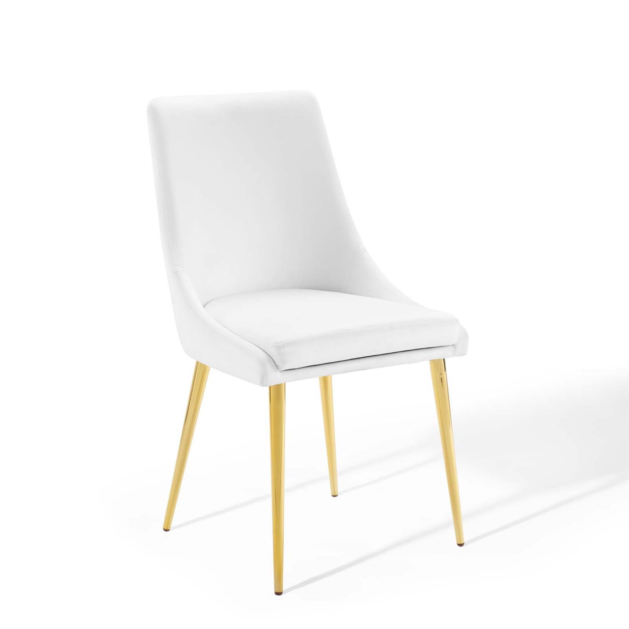 White Velvet Upholstered Side Chair with Wood and Metal Legs