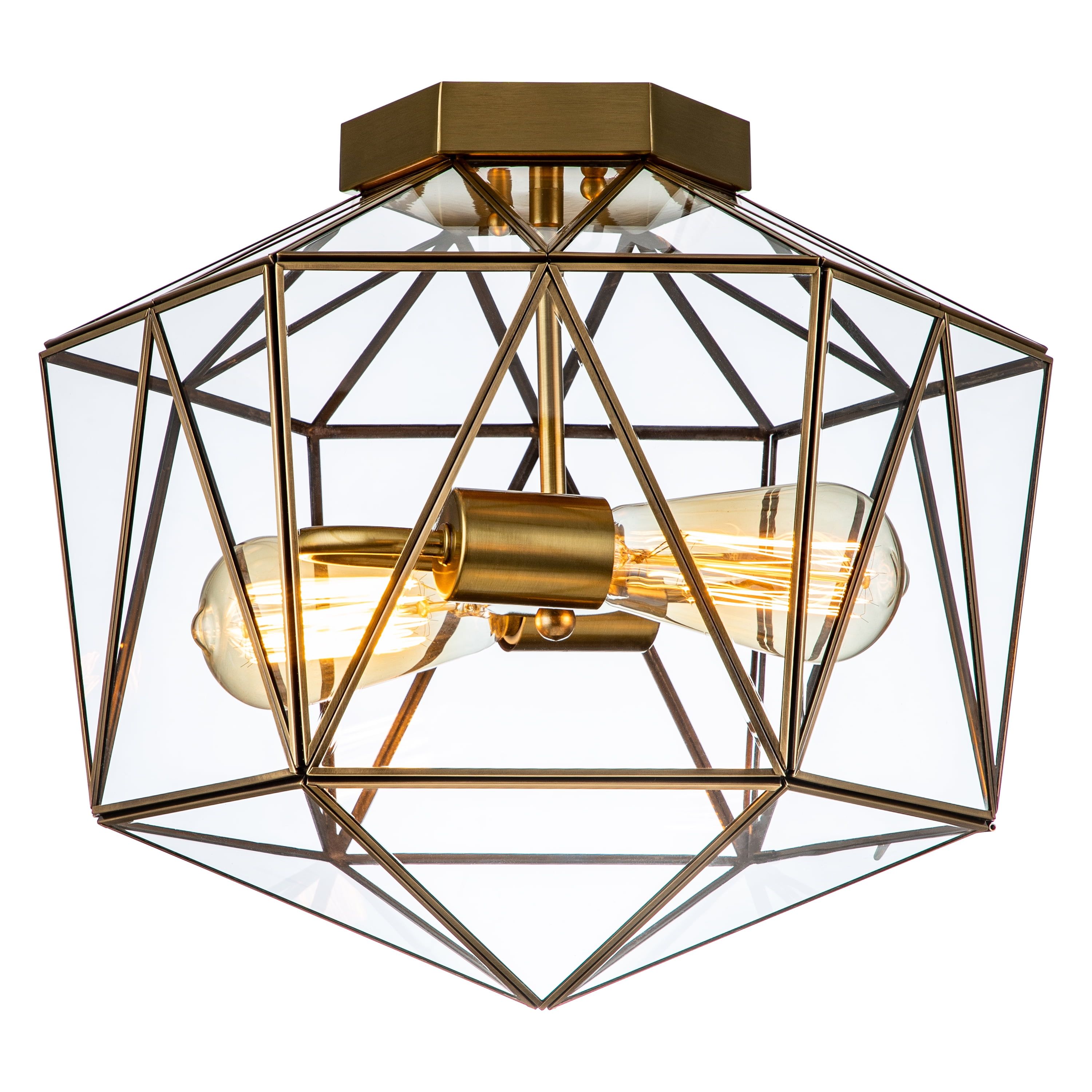 Diamond-Shaped Brass and Glass Flush Mount Light