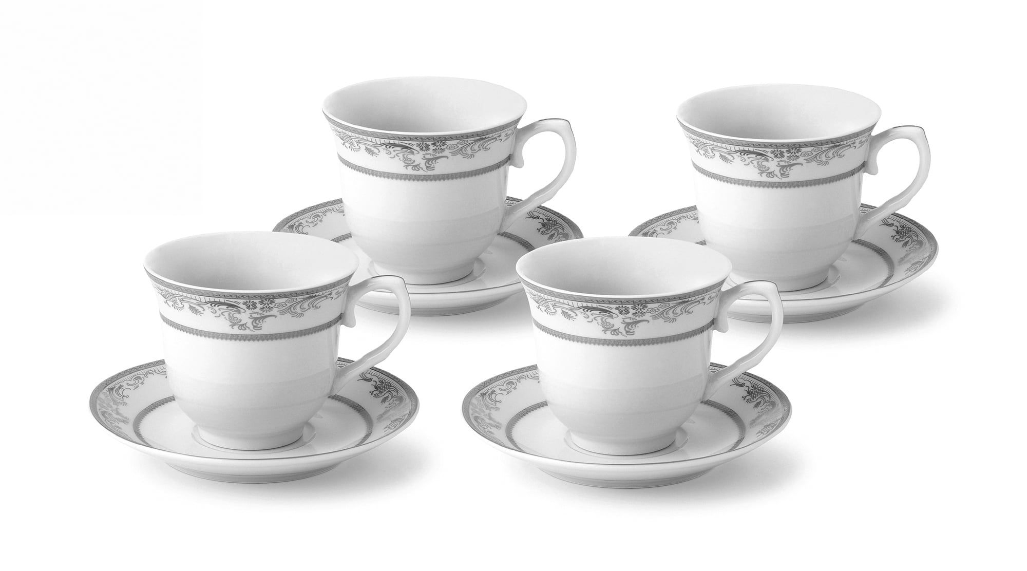 Elegant Silver Floral Porcelain Tea Cups and Saucers Set, 8 oz, Set of 4