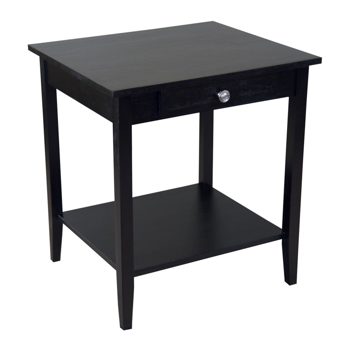 Black Solid Acacia Wood End Table with Drawer and Shelf