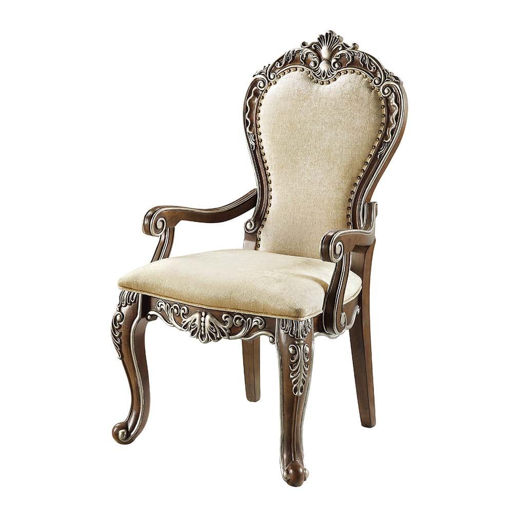 Elegant Crown-Top 24" Upholstered Armchair with Scrolled Carvings, Brown