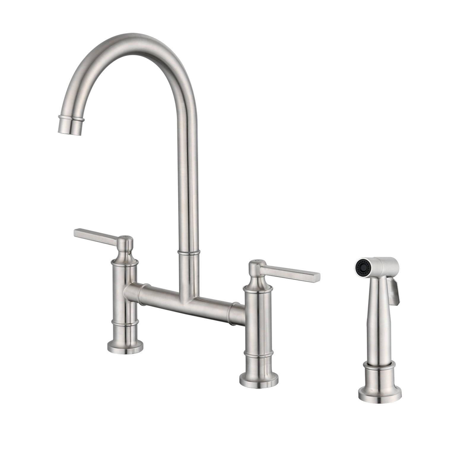 Brushed Nickel Double Handle Bridge Kitchen Faucet with Side Spray