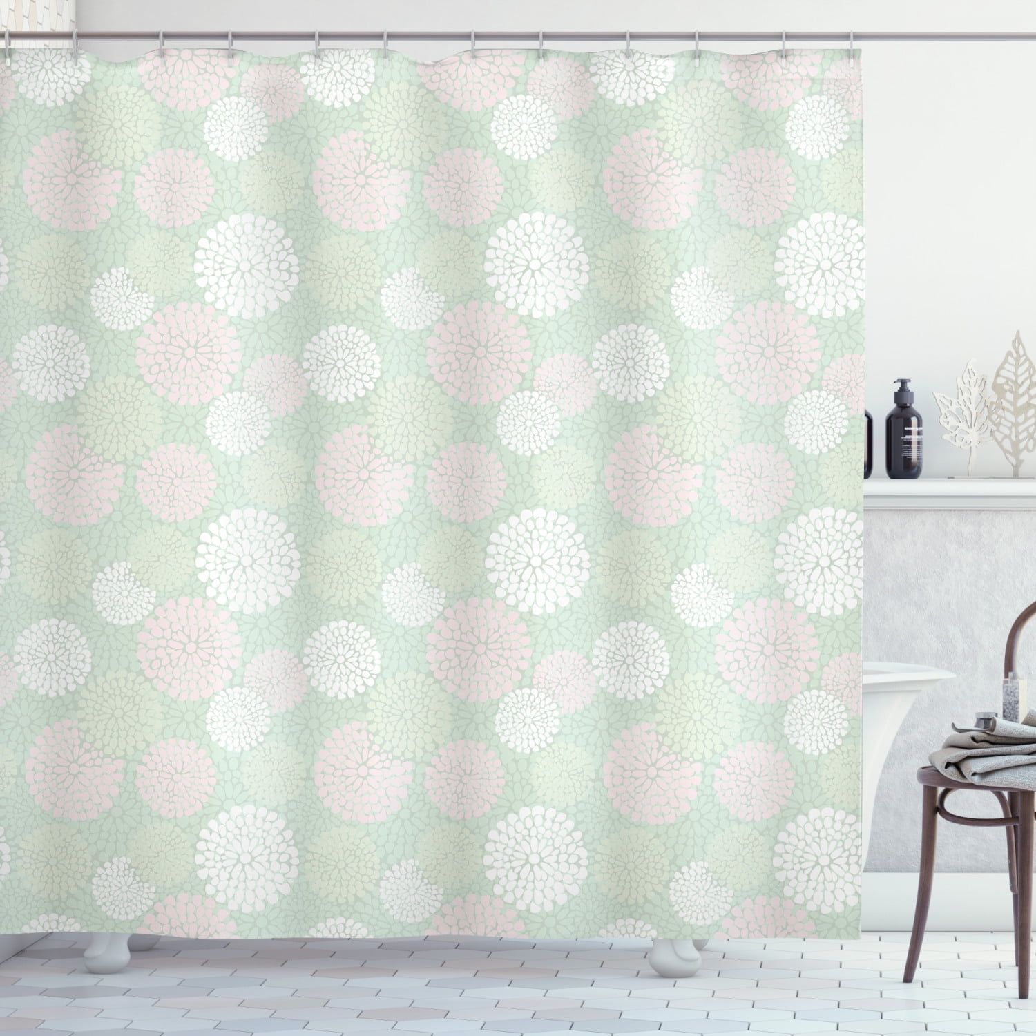 Mint and Pink Dahlia Floral Fabric Blackout Shower Curtain