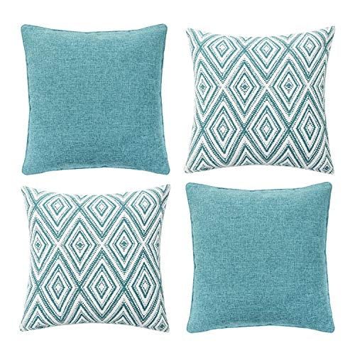 Aqua Blue Geometric Polyester Euro Throw Pillow Covers, Set of 4, 18"x18"