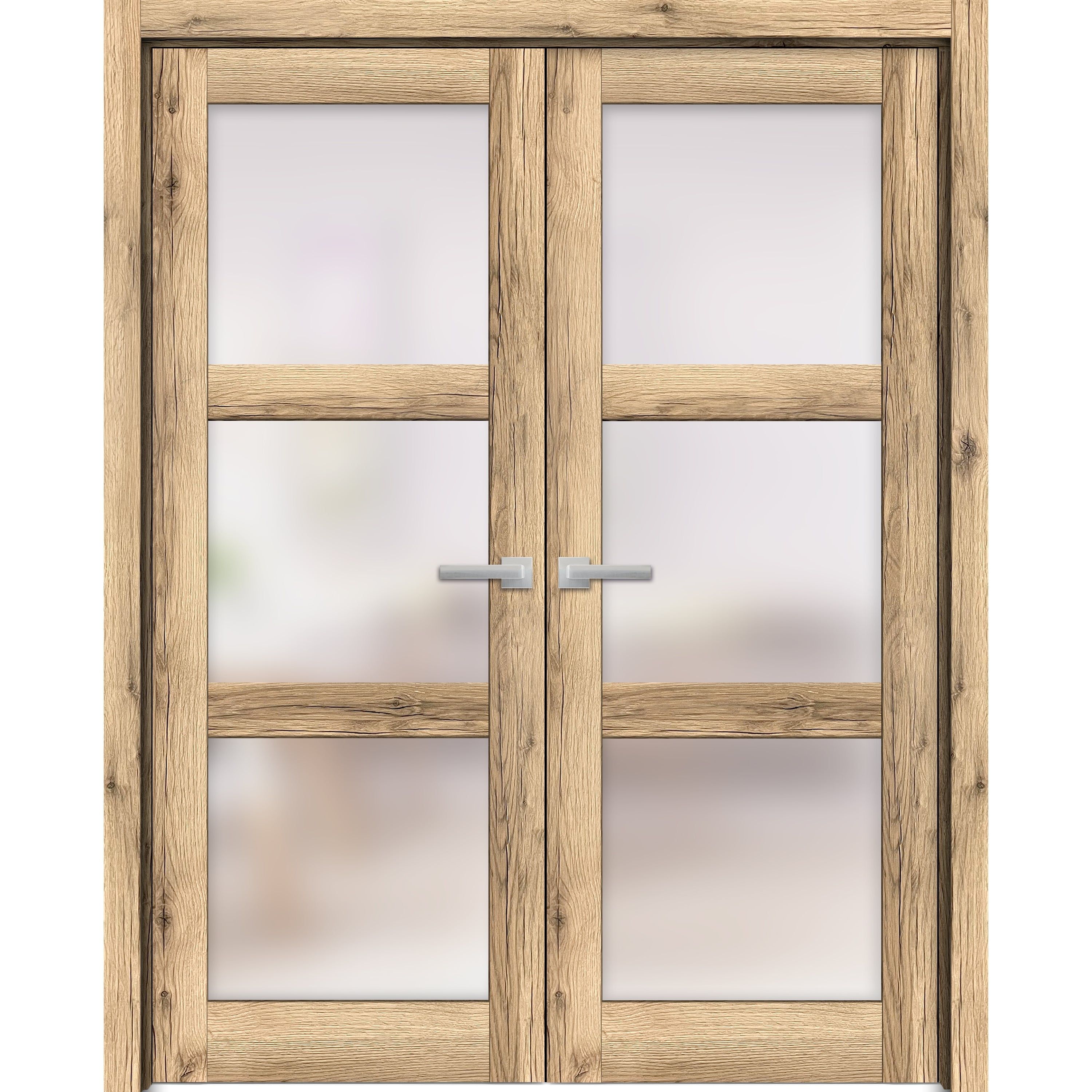 Lucia Oak 36 x 96 Inch French Double Doors with Frosted Glass