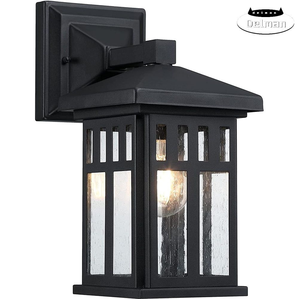 Textured Black Craftsman Outdoor Wall Sconce with Seeded Glass