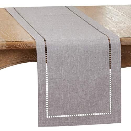 Gray Polyester Laser-Cut Hemstitch Table Runner