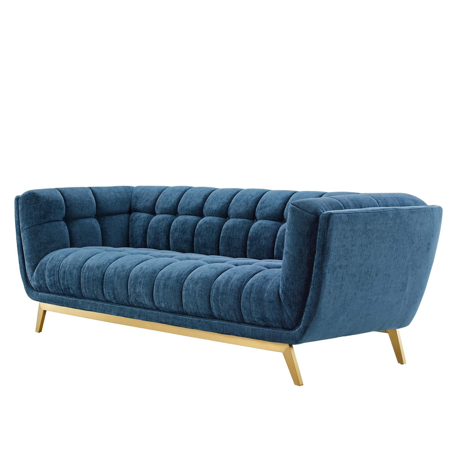 Elegant Navy Velvet Tufted Sofa with Brushed Gold Legs