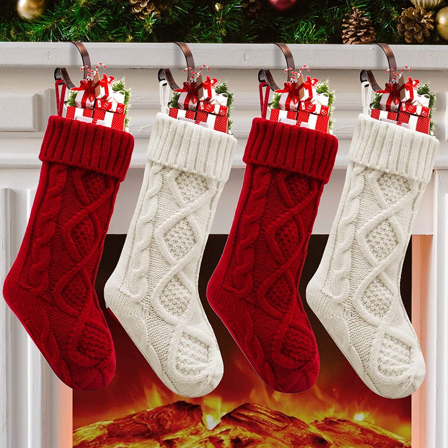 18'' Burgundy and Ivory Cable Knitted Christmas Stockings, Set of 4