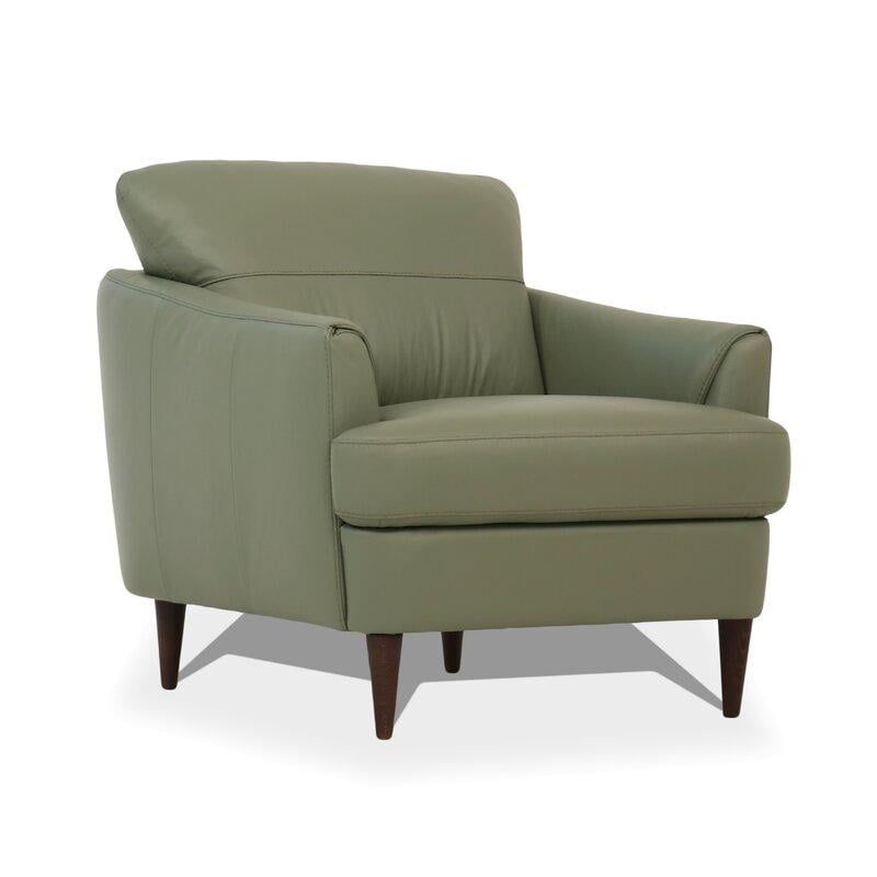 Elegant Moss Green Leather Accent Chair with Wooden Frame