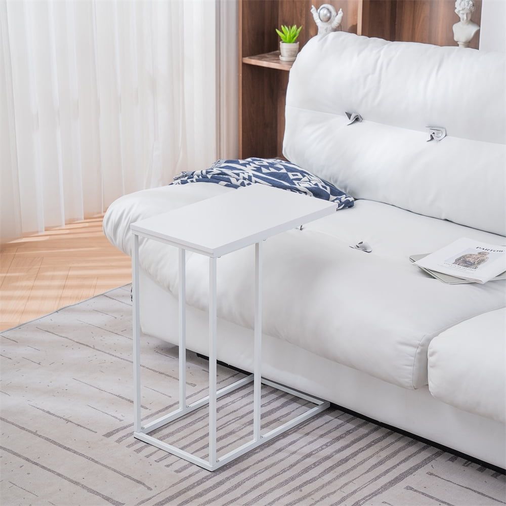 White C-Shaped Side Table with Metal Frame