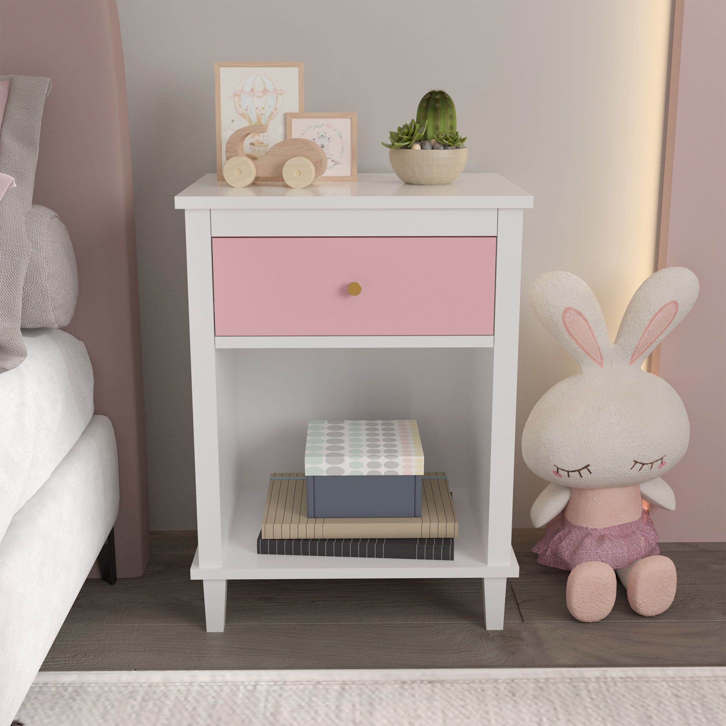 White and Pink MDF Nightstand with Drawer and Shelf