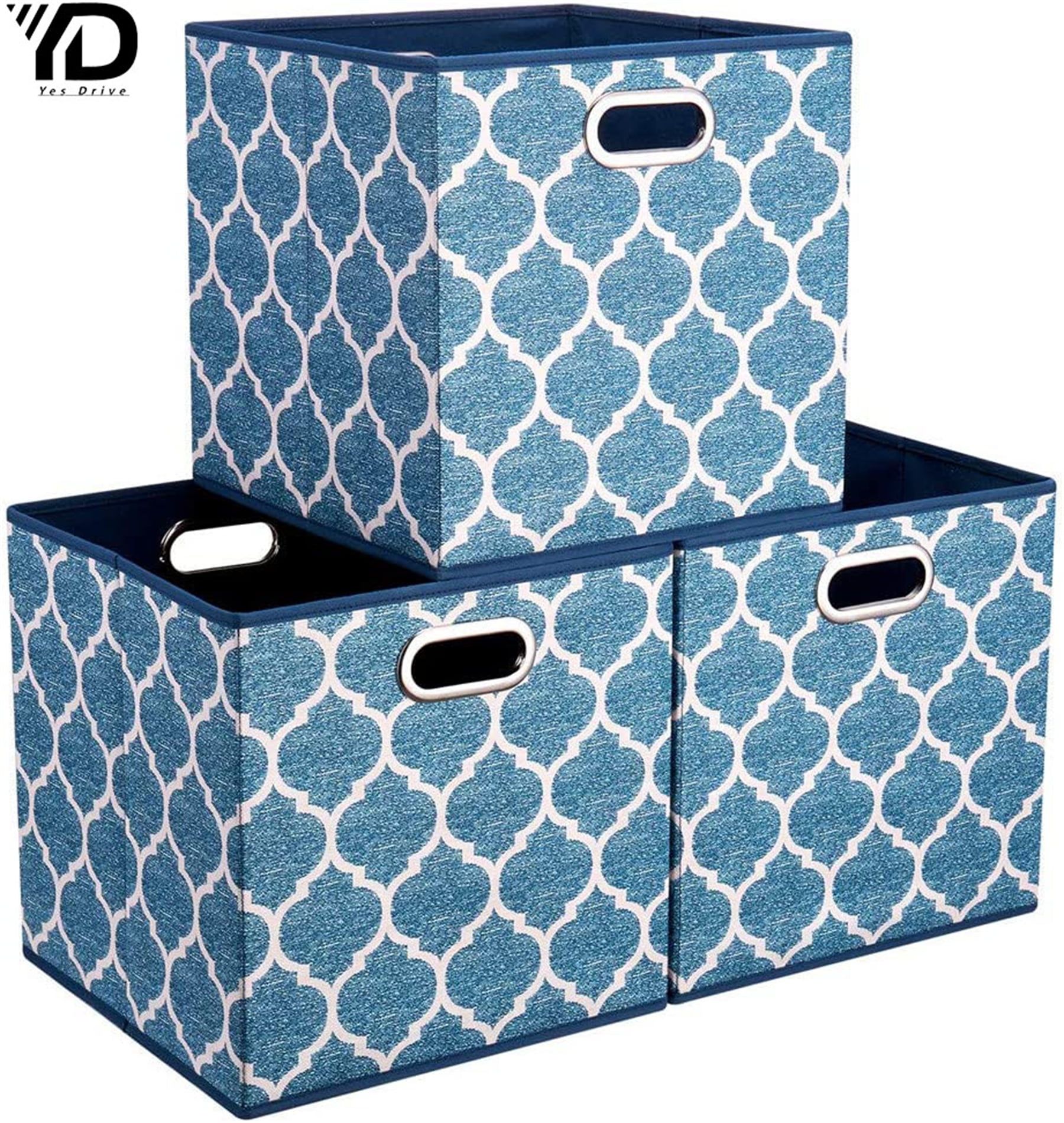 Blue and White Rectangular Fabric Storage Bins with Metal Handles, Set of 3