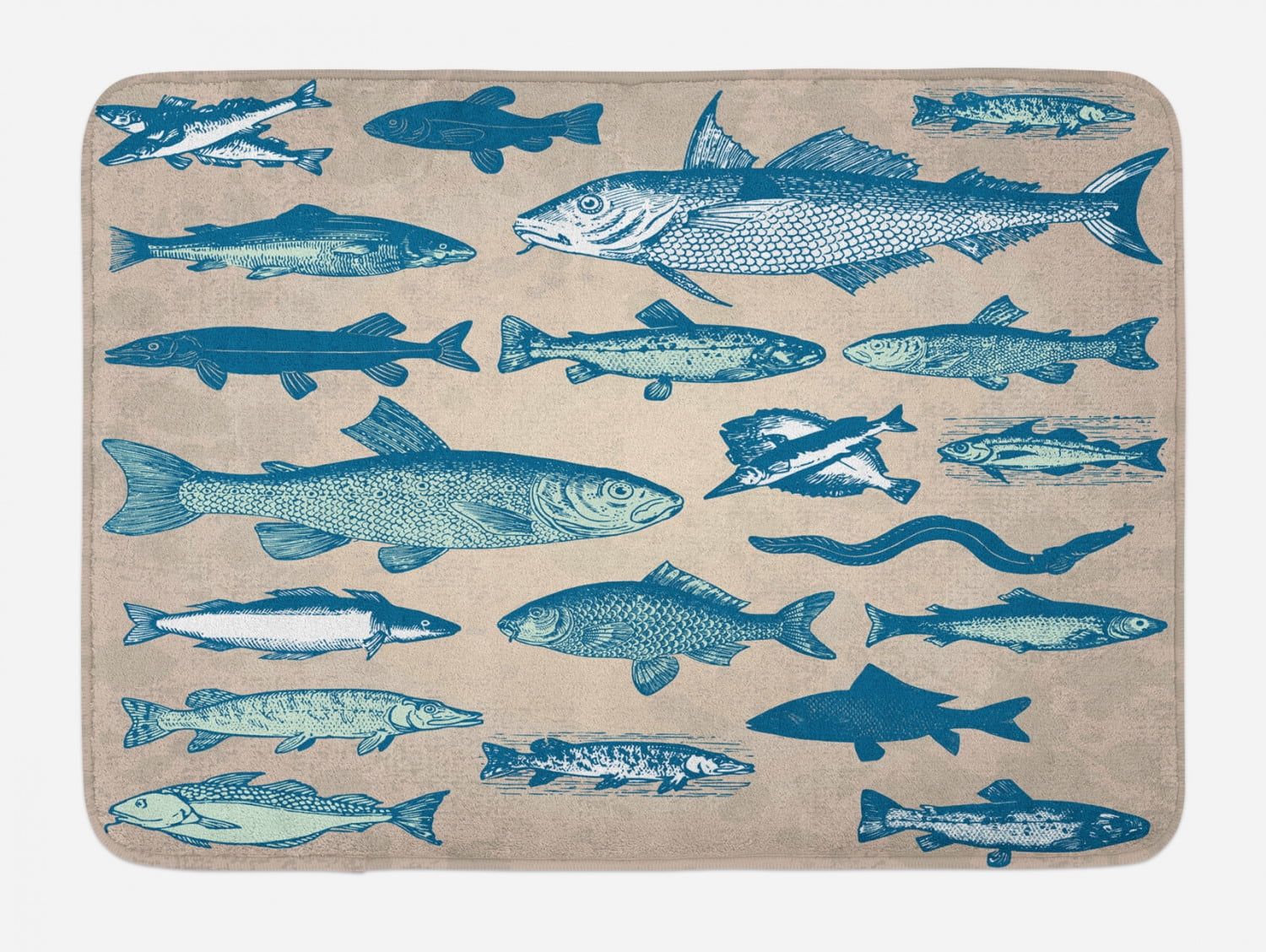 Vintage Blue Fish Print Beige Non-Slip Bath Mat