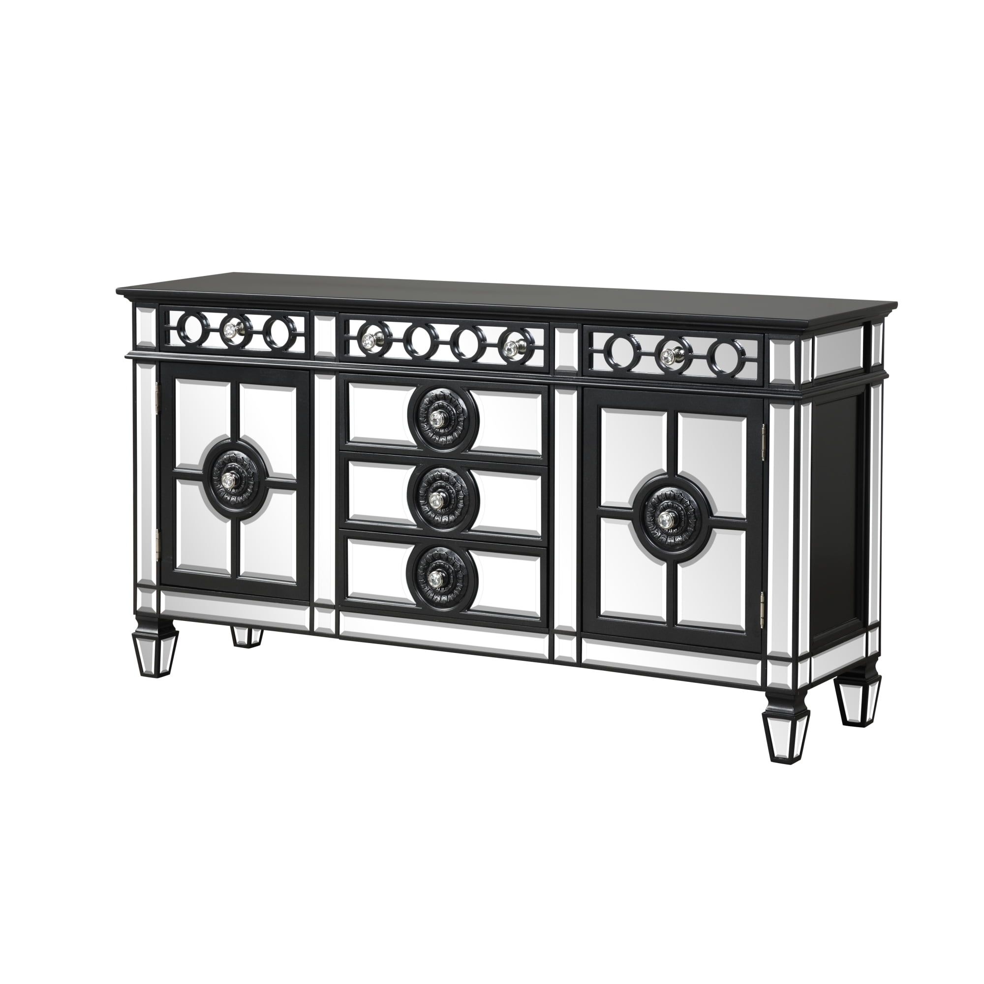 Luna Mirrored 68" Black Sideboard with Crystal Knobs and Geometric Trim