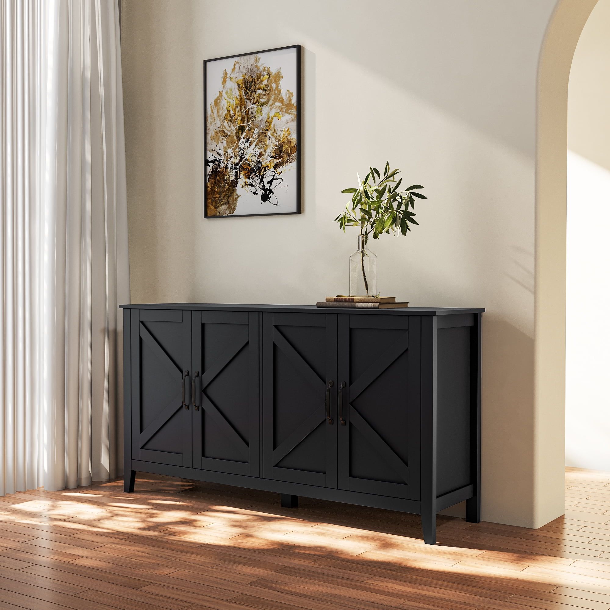 59 Inch Black MDF Modern Sideboard Buffet with Storage Shelves