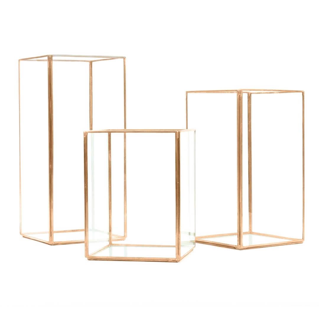 Copper Geometric Hurricane Candle Lantern Set of 3