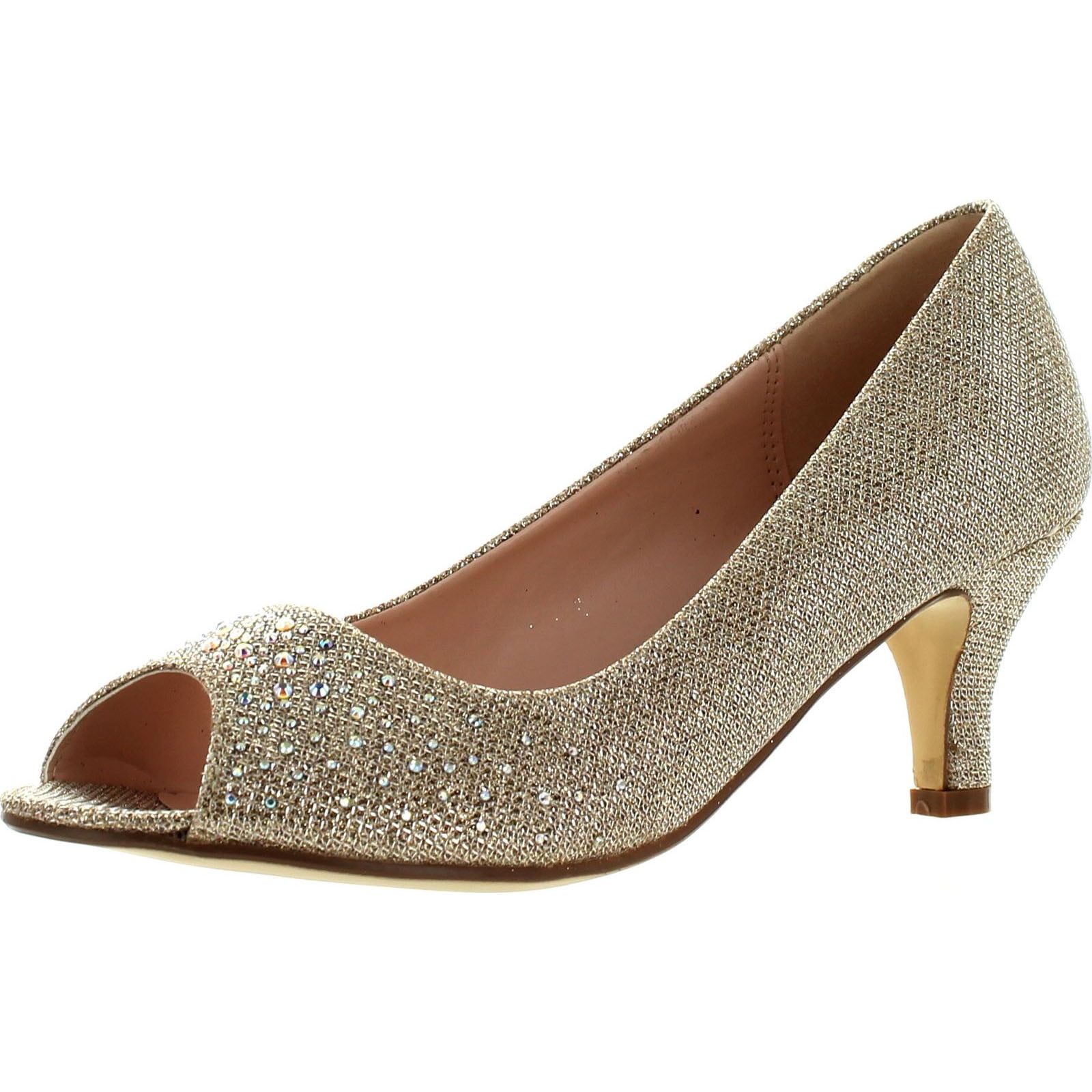 Champagne Glitter Faux Leather Open-Toe Low Heel Pumps