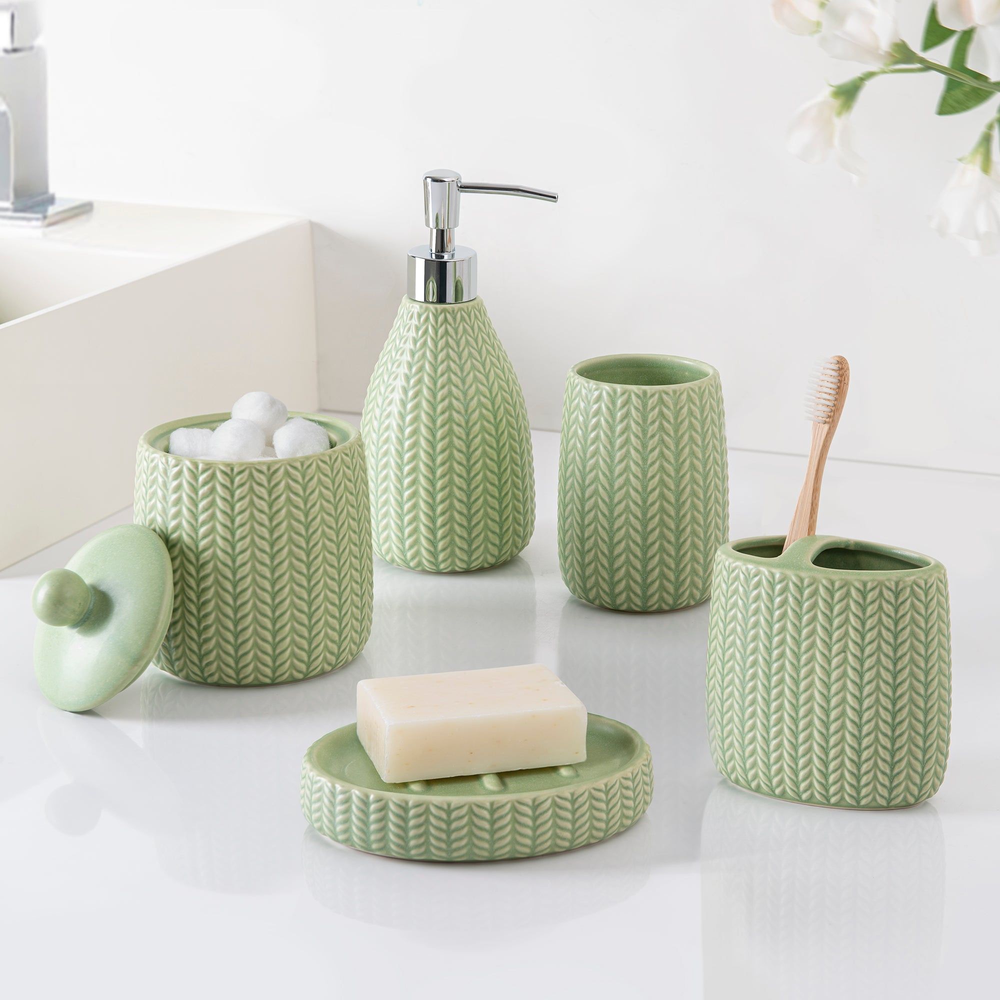 Sage Green Ceramic 5-Piece Bathroom Accessory Set